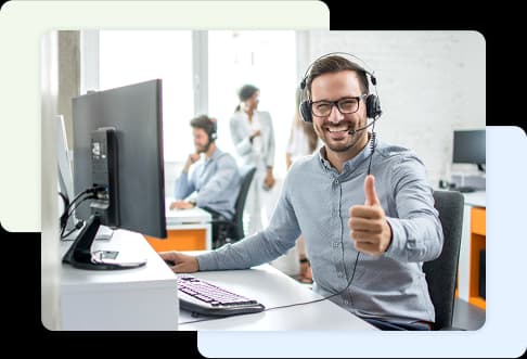 Customer support specialist at a desk taking a call, surrounded by chat bubbles and a clock