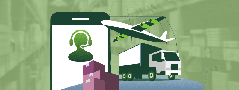 Illustration of International Bridge's global logistics network - customer support, warehouses, delivery truck, and cargo airplane