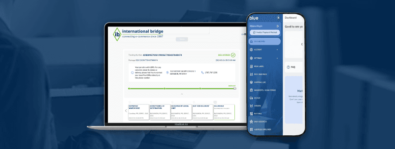 International Bridge's proprietary shipping platform displayed on a laptop and mobile phone