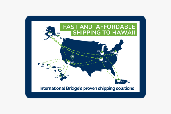 Map of International Bridge's shipping to Hawaii network, with direct air routes from Mainland US hubs to Honolulu, Maui, Kona, Hilo, and Kauai.