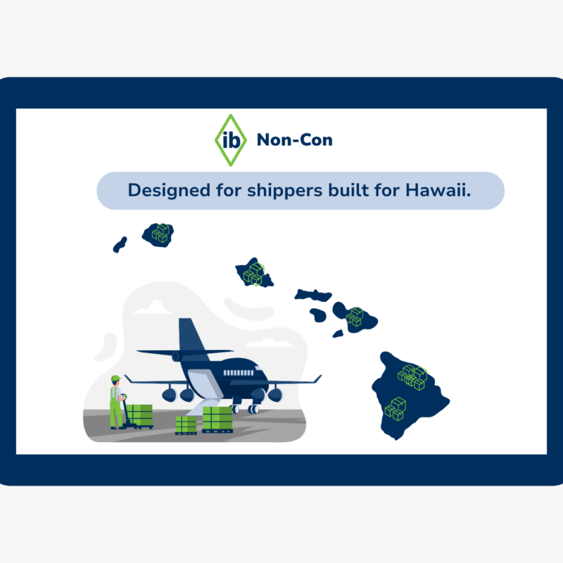 Map of Hawaii with parcel delivery icons and airplane illustration representing non-continental shipping services