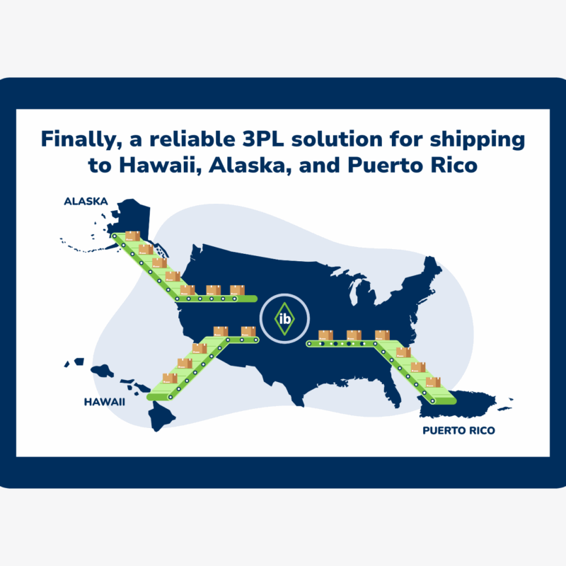 Map showing reliable 3PL shipping routes from mainland U.S. to Hawaii, Alaska, and Puerto Rico by International Bridge