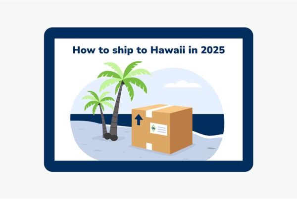 Illustration of a cardboard parcel on a Hawaiian beach with palm trees, representing affordable small-parcel shipping to Hawaii in 2025.