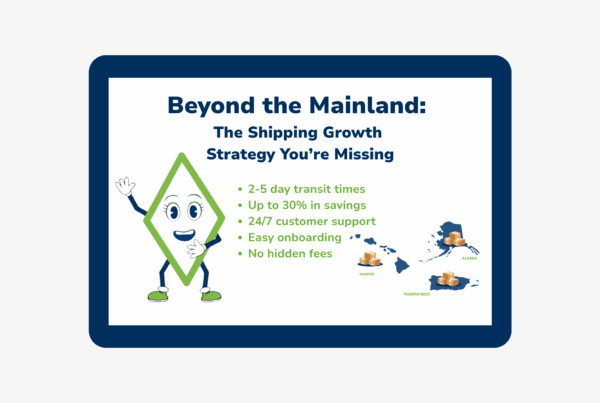 Mascot promoting shipping solutions beyond the U.S. mainland with transit time, savings, and support benefits highlighted; includes map of Alaska, Hawaii, and Puerto Rico.