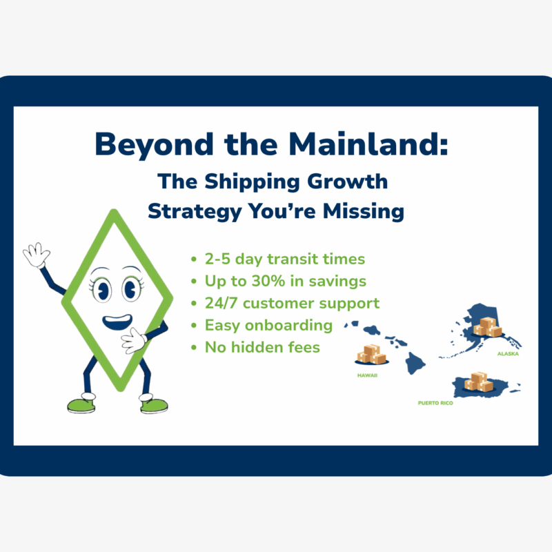 Mascot promoting shipping solutions beyond the U.S. mainland with transit time, savings, and support benefits highlighted; includes map of Alaska, Hawaii, and Puerto Rico.