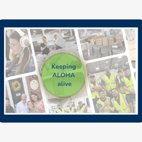 Collage of International Bridge team members working, smiling, and collaborating with the message “Keeping Aloha Alive,” representing IB’s people-first culture and values.