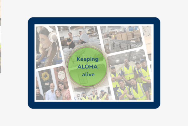 Collage of International Bridge team members working, smiling, and collaborating with the message “Keeping Aloha Alive,” representing IB’s people-first culture and values.