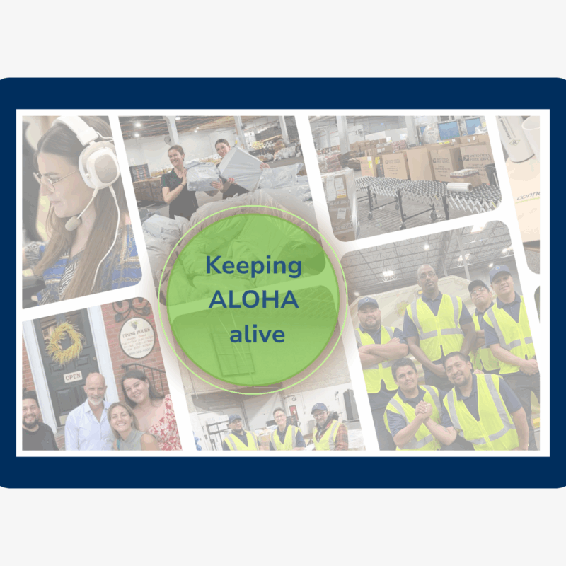 A collage of International Bridge team members across offices and warehouses, with a green circle overlay reading ‘Keeping ALOHA alive.