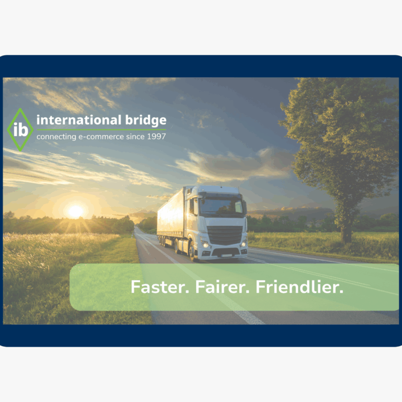 “International Bridge truck delivering e-commerce parcels on highway at sunrise, representing faster, fairer, friendlier shipping to Hawaii, Alaska, and Puerto Rico.” 🏷 SEO Image Title