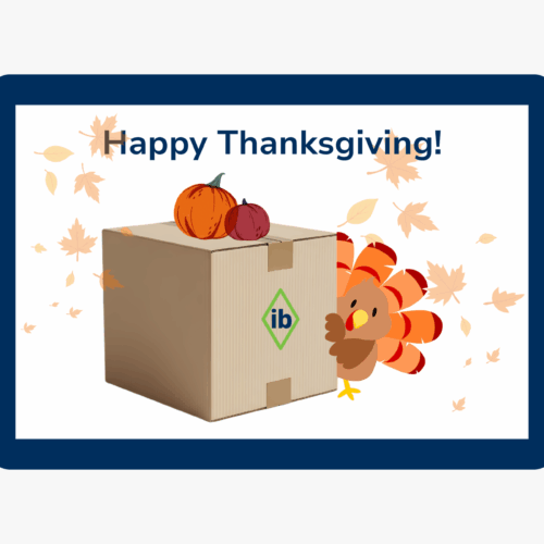 Carton box with IB logo, pumpkins, and a Thanksgiving turkey surrounded by falling autumn leaves, symbolizing holiday shipping.