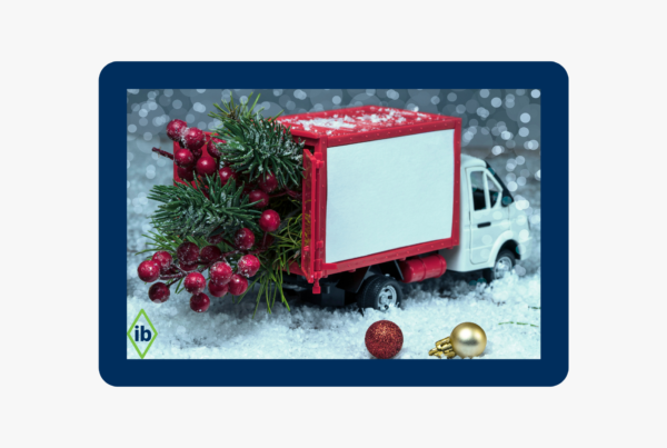 Holiday delivery truck carrying evergreen branches and ornaments, symbolizing thoughtful logistics and seasonal shipping care.