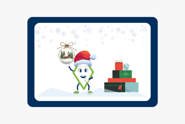 International Bridge mascot Bridgit wearing a Santa hat, holding a holiday ornament, symbolizing warm and human-centered e-commerce shipping to Hawaii, Alaska, and Puerto Rico