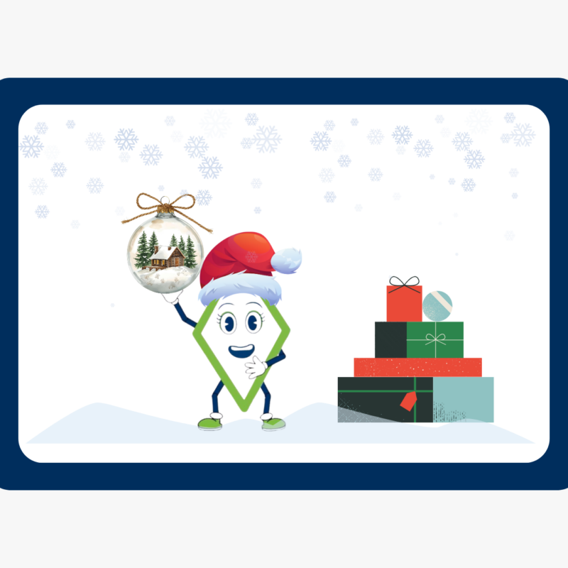 International Bridge mascot Bridgit wearing a Santa hat, holding a holiday ornament, symbolizing warm and human-centered e-commerce shipping to Hawaii, Alaska, and Puerto Rico