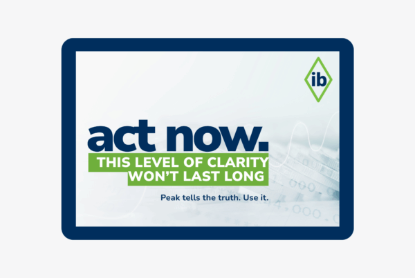 Digital tablet screen displaying supply chain messaging: “Act now. This level of clarity won’t last long.” with International Bridge (IB) logo — emphasizing peak-season visibility and real-time shipping performance insights.