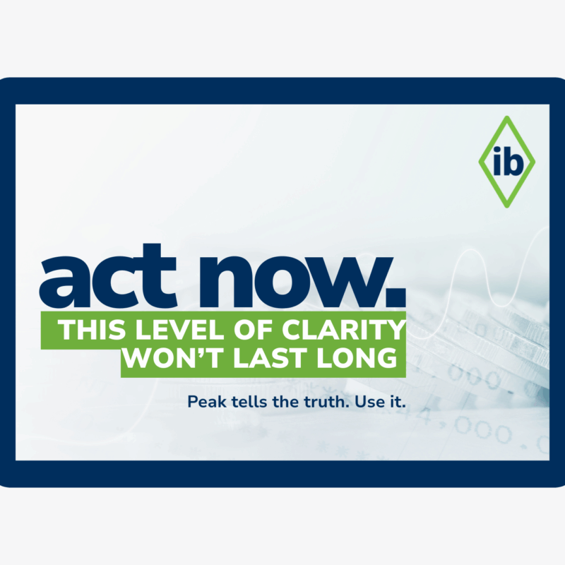 Digital tablet screen displaying supply chain messaging: “Act now. This level of clarity won’t last long.” with International Bridge (IB) logo — emphasizing peak-season visibility and real-time shipping performance insights.