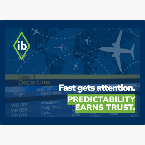 Air cargo flight routes over world map with message that predictability earns trust in logistics