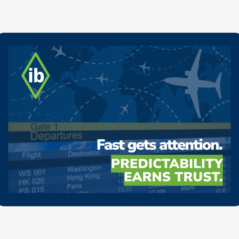 Air cargo flight routes over world map with message that predictability earns trust in logistics