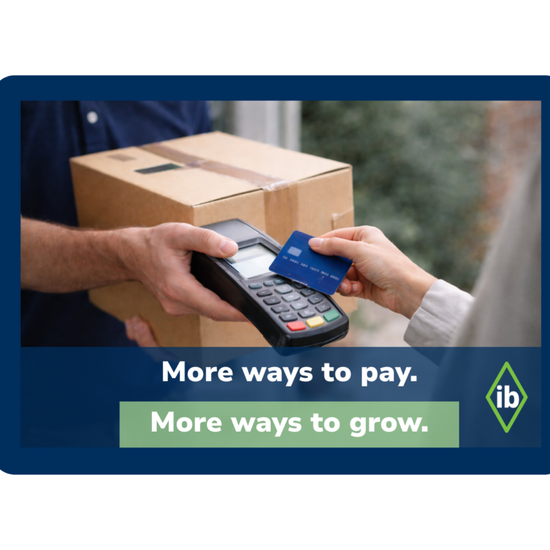 Customer paying courier with debit card at delivery using handheld payment terminal for USPS Collect on Delivery (COD) shipment.