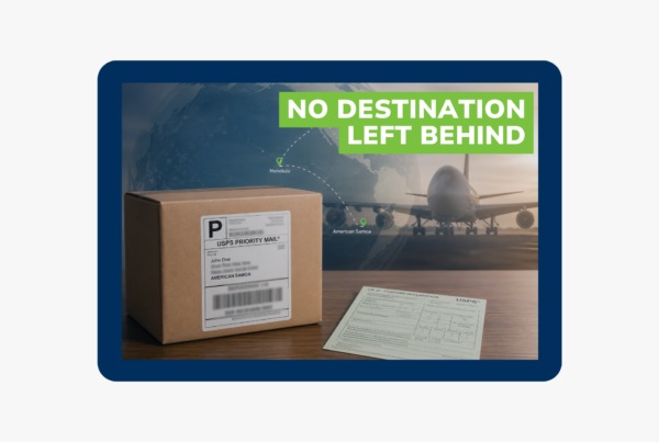 Shipping box labeled for American Samoa with customs declaration form, airplane, and route map highlighting U.S. territory delivery.