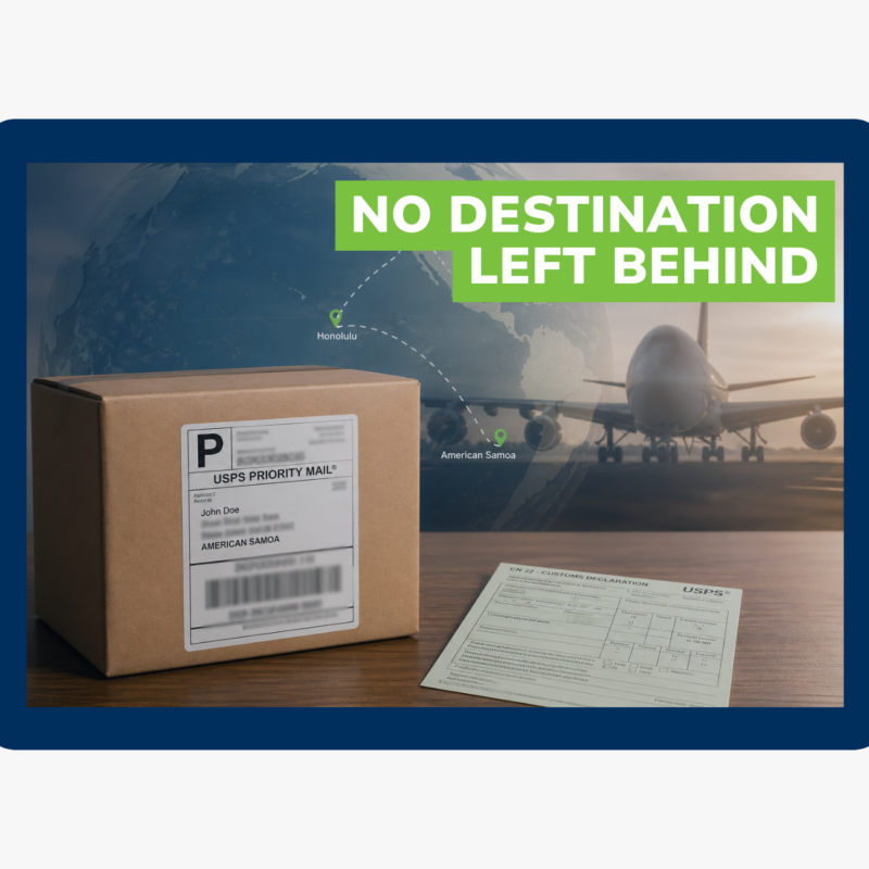 Shipping box labeled for American Samoa with customs declaration form, airplane, and route map highlighting U.S. territory delivery.