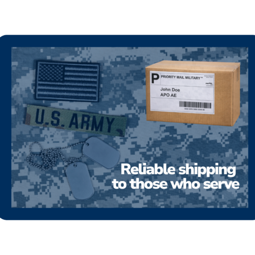 APO/FPO military shipping image with package, U.S. Army uniform, and message about reliable shipping to those who serve