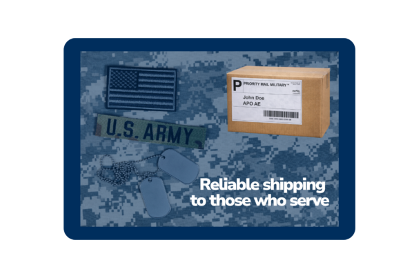 APO/FPO military shipping image with package, U.S. Army uniform, and message about reliable shipping to those who serve