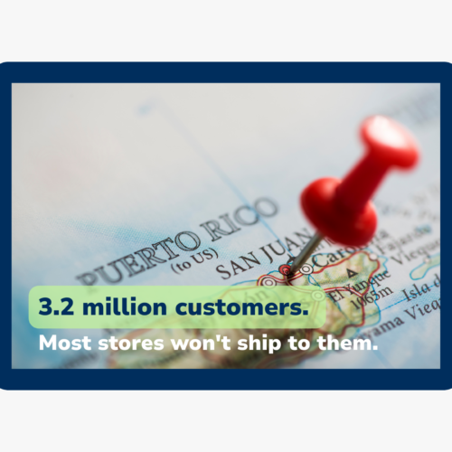 Puerto Rico map with location pin and text highlighting 3.2 million customers and shipping access for businesses