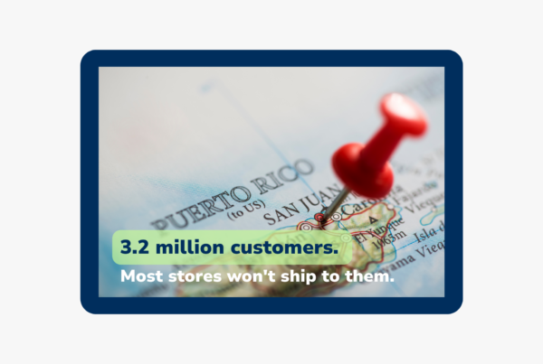 Puerto Rico map with location pin and text highlighting 3.2 million customers and shipping access for businesses