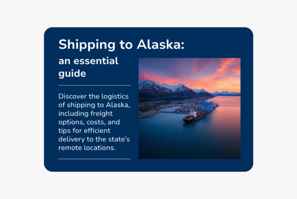 Shipping to Alaska guide with cargo ship, port, mountains, and Alaska logistics imagery